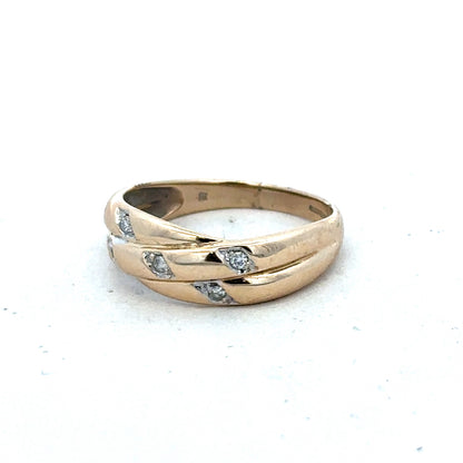 9ct yellow gold diamond ring in size P with sparkling diamonds, elegant jewelry piece by Reeves and Sons.