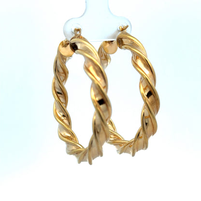 9ct yellow gold hoop earrings weighing 4.6g with a smooth finish, designed by Reeves and Sons, shown from a front view.