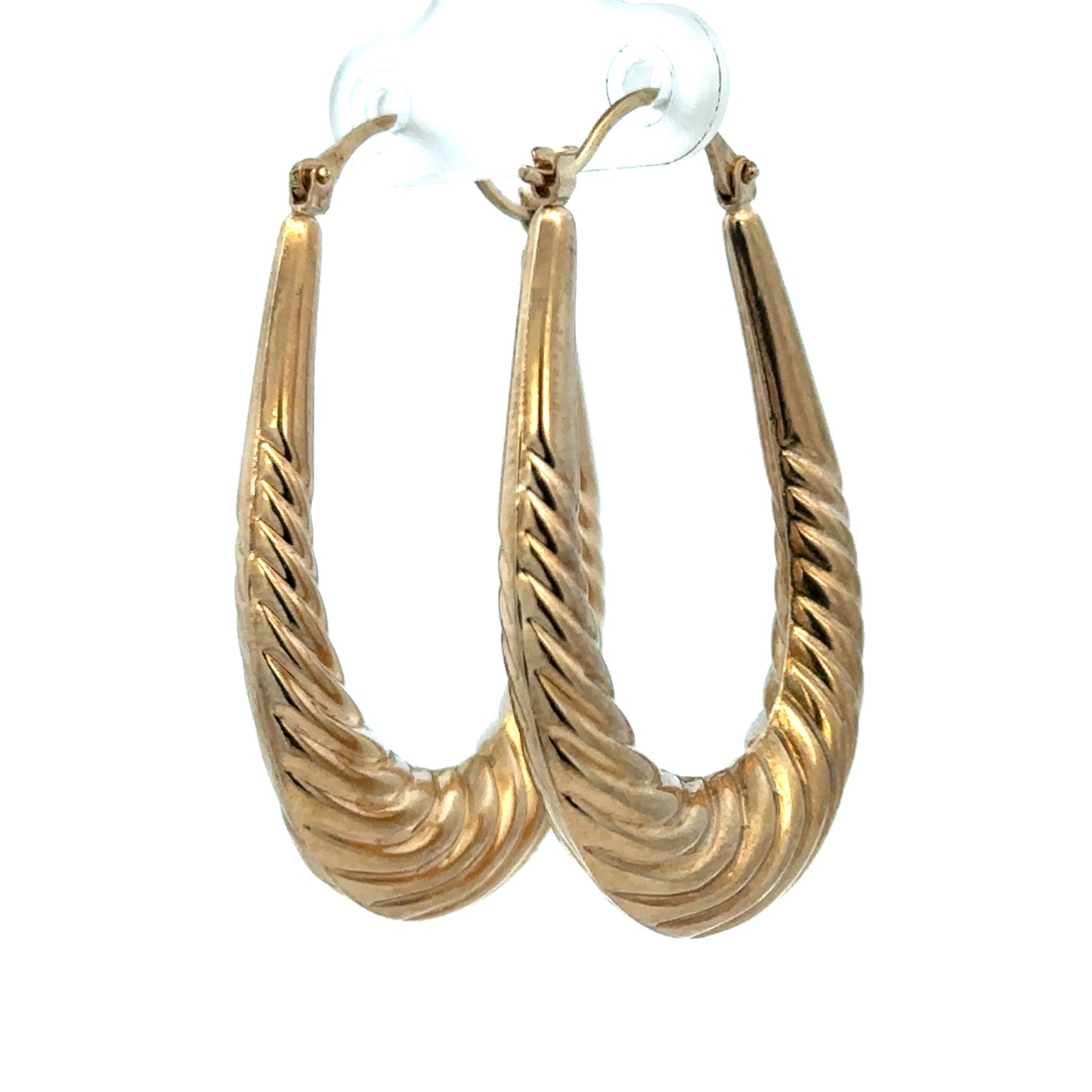 9ct yellow gold hoop earrings weighing 3.4g, shown with a close-up of the shiny, circular design by Reeves and Sons.