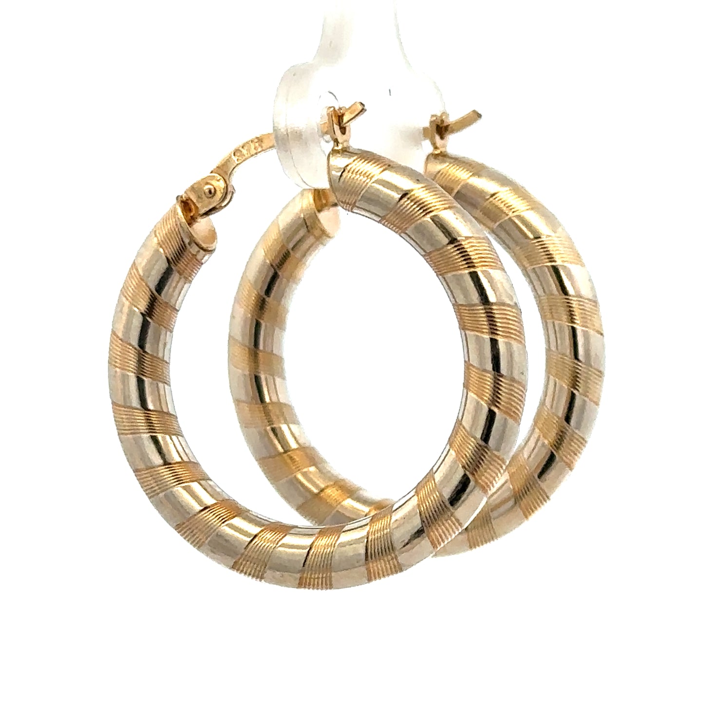 9ct yellow gold hoop earrings weighing 3.6g, stylish and classic earrings by Reeves and Sons displayed on a white background.
