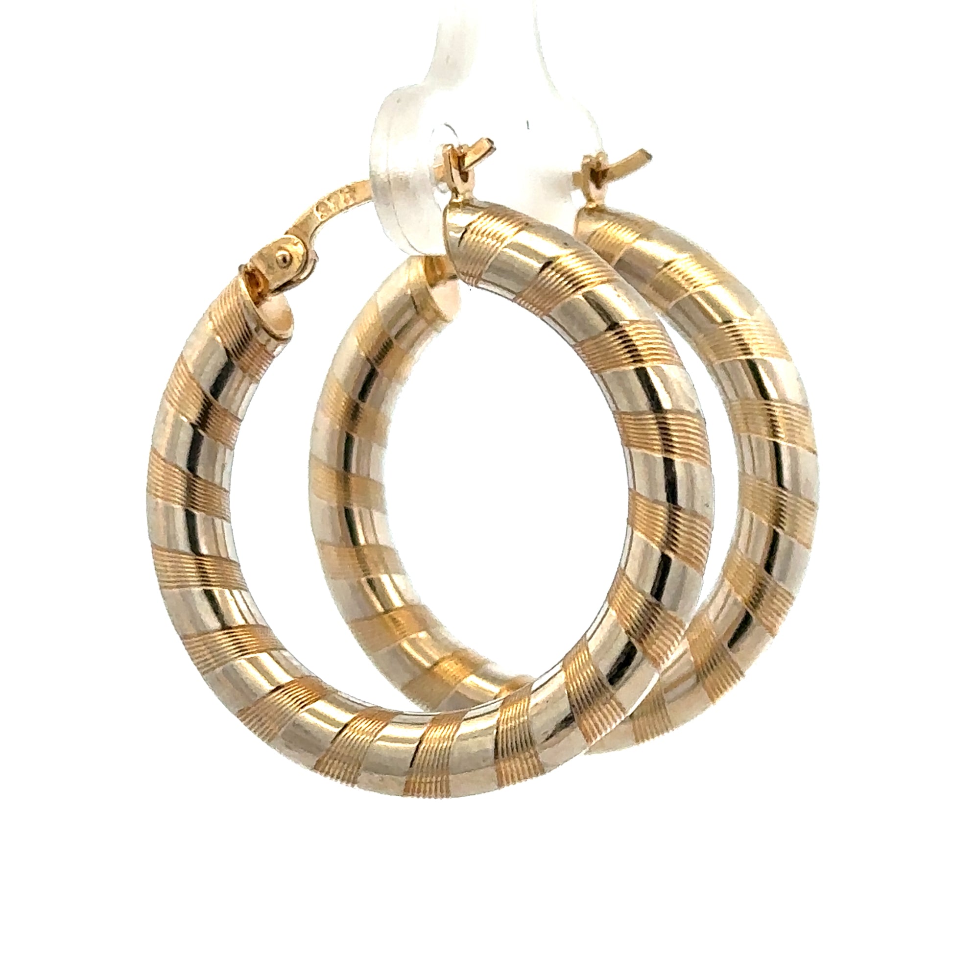 9ct yellow gold hoop earrings weighing 3.6g, stylish and classic earrings by Reeves and Sons displayed on a white background.