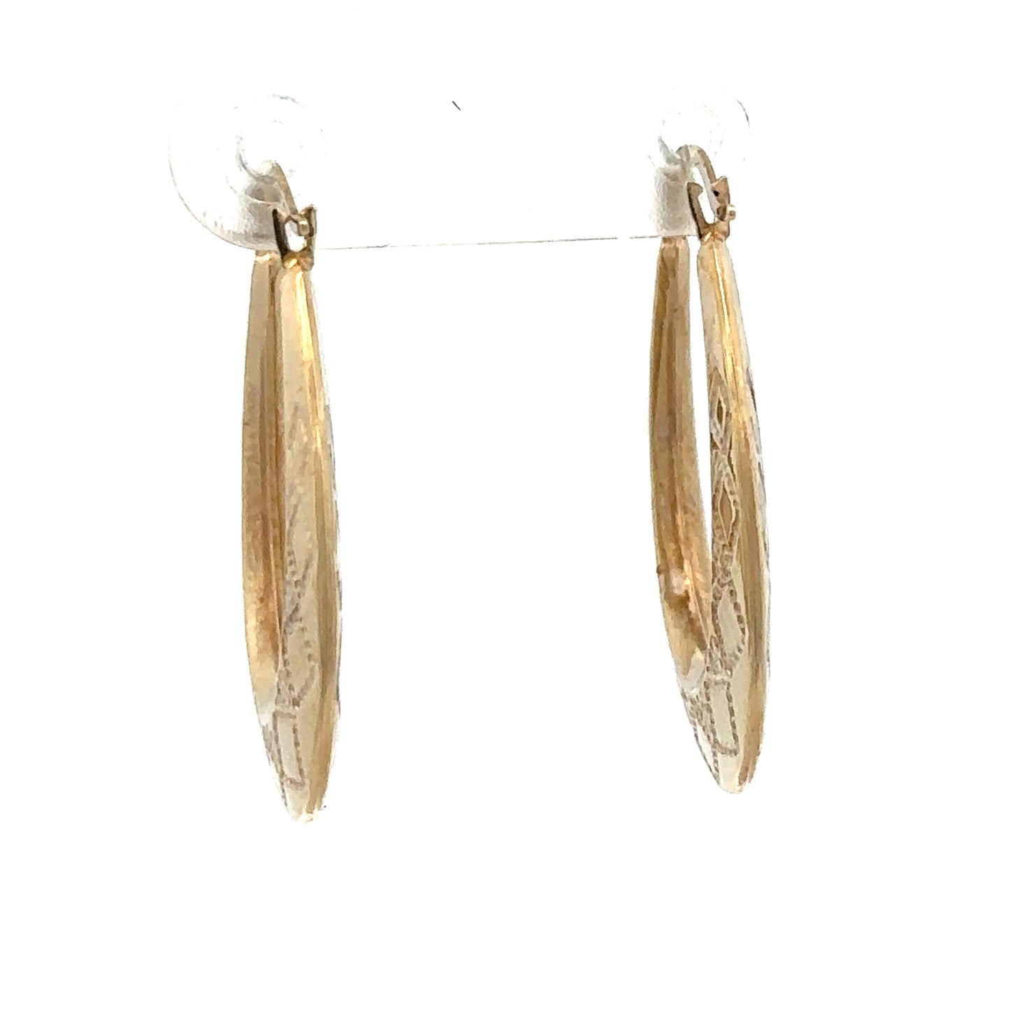 9ct yellow gold hoop earrings by Reeves and Sons, lightweight 0.6g, shown in a close-up image.