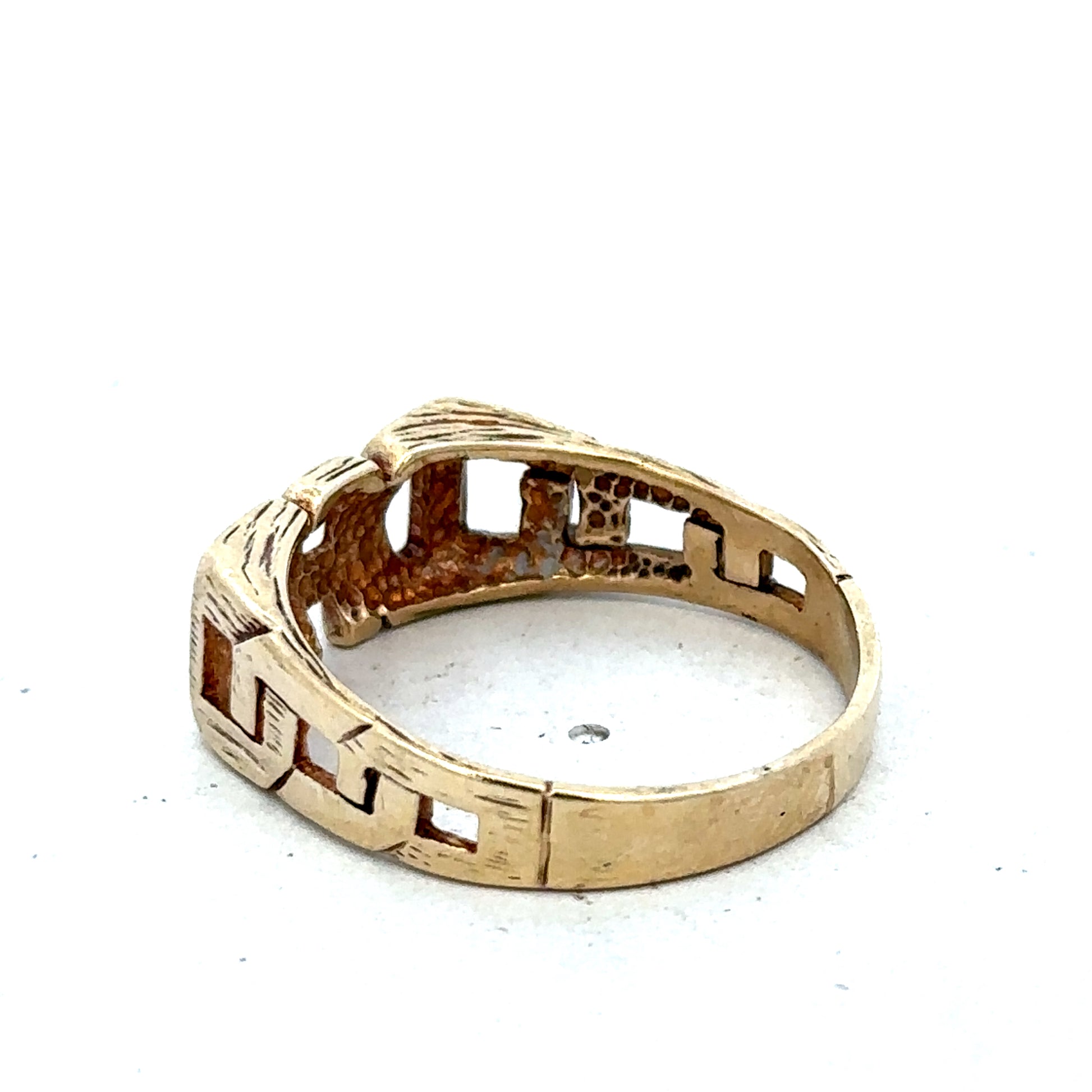 9ct yellow gold DAD ring in size X1/2 by Reeves and Sons, featuring a polished gold band with engraved details.