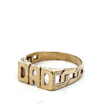 9ct yellow gold DAD ring in size X1/2 with engraved lettering, crafted by Reeves and Sons, displayed on a plain background.