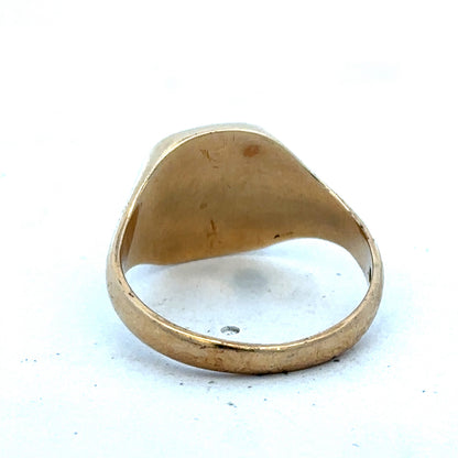 9ct yellow gold signet ring in size U with engraved face, crafted by Reeves and Sons, displayed on a neutral background.