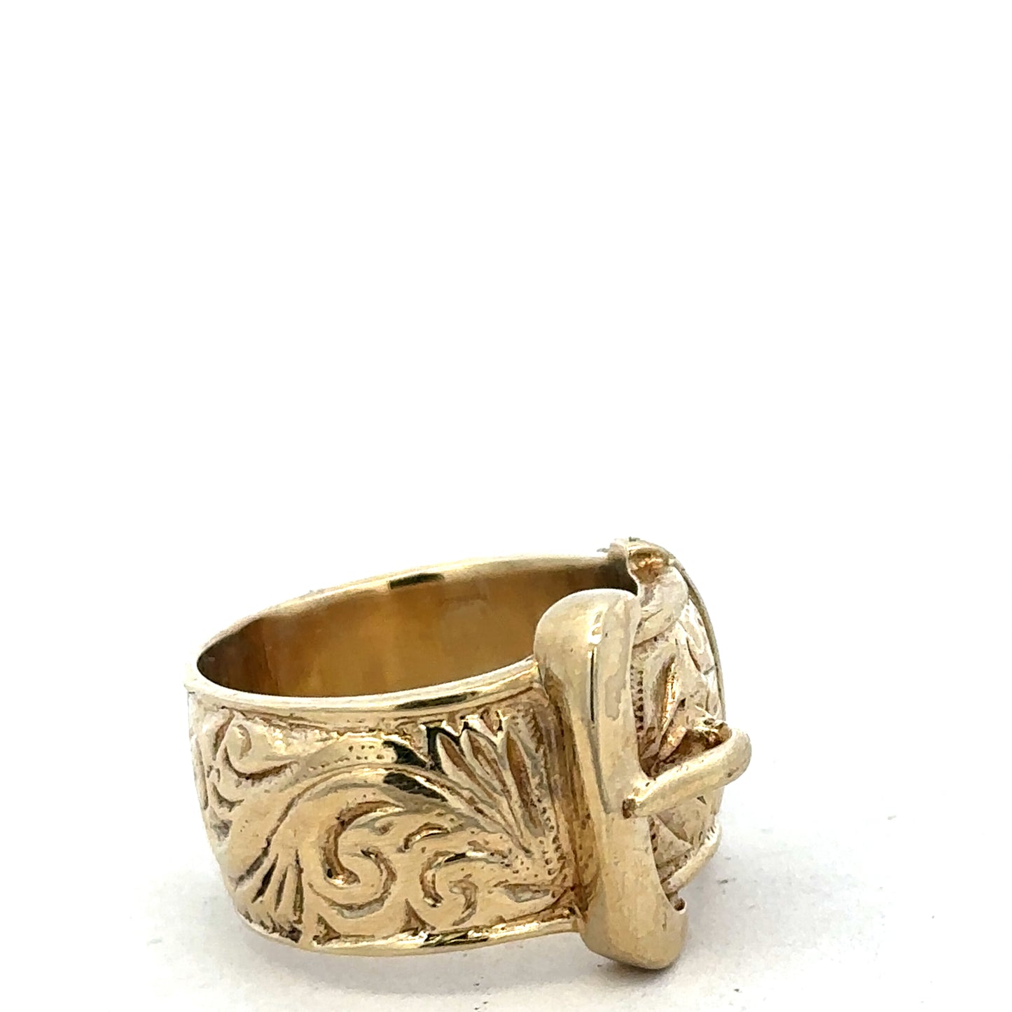 9ct yellow gold buckle ring in size X with a polished finish, featuring a distinctive buckle design by Reeves and Sons.