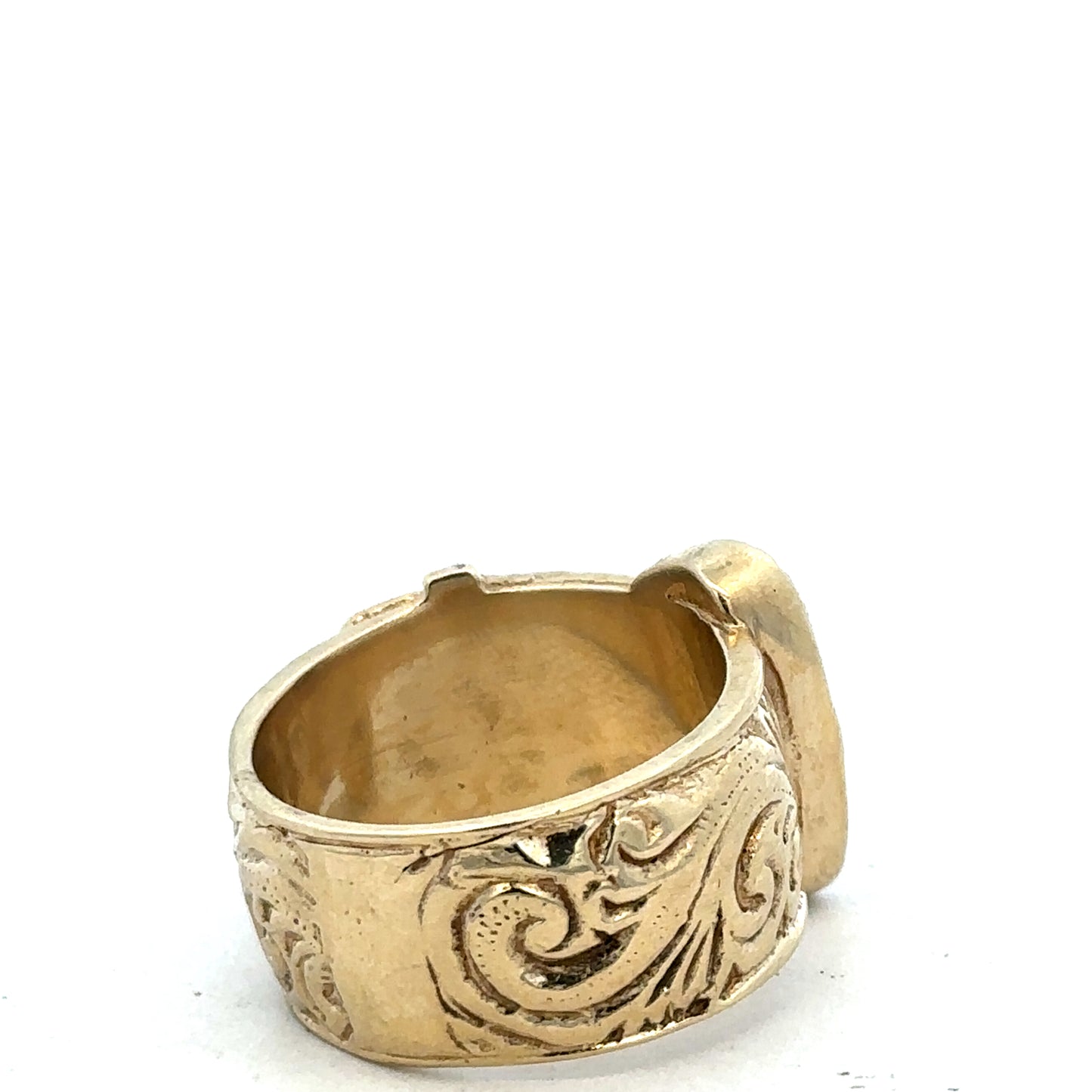 9ct yellow gold buckle ring in size X with a polished finish, designed by Reeves and Sons.