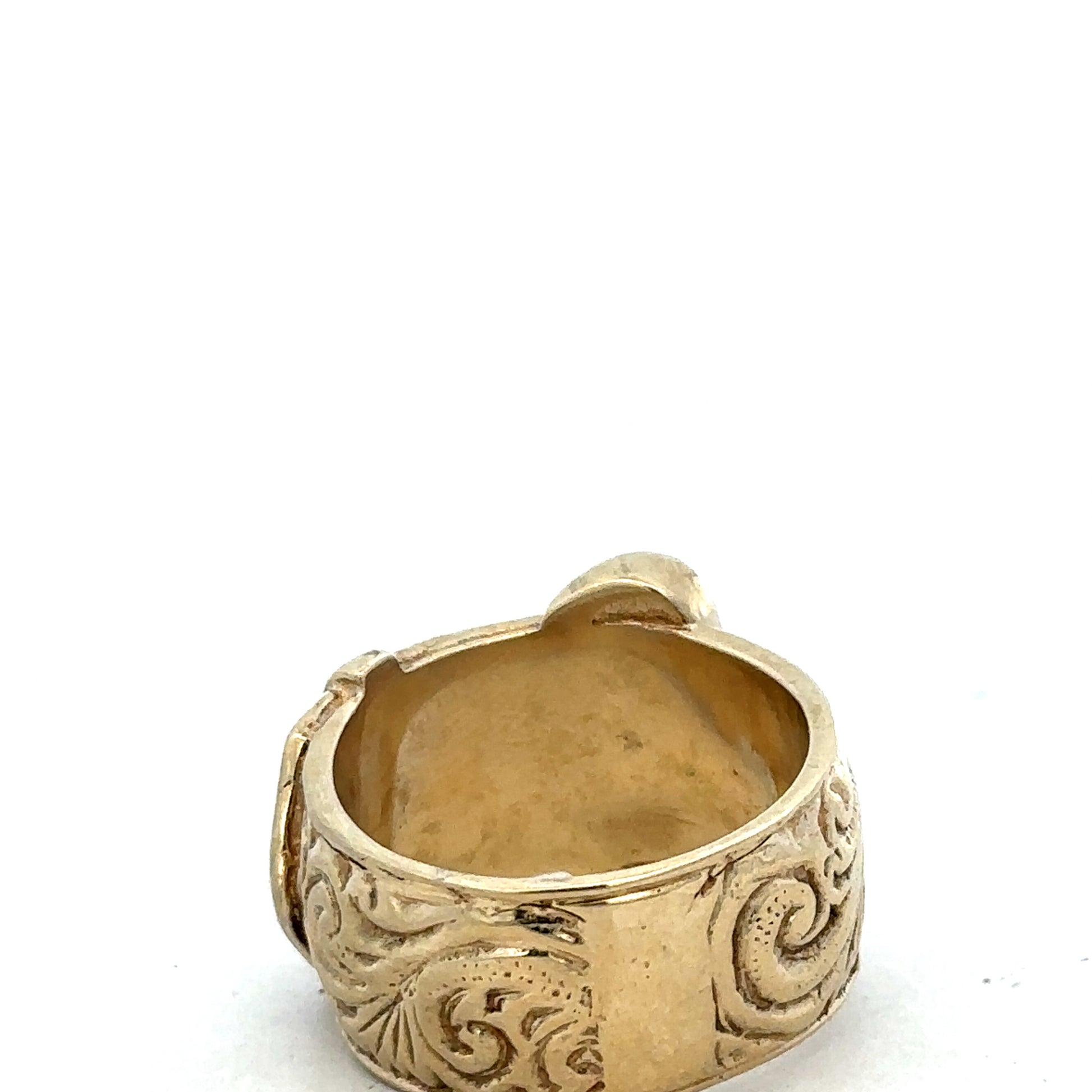9ct yellow gold buckle ring in size X, featuring a polished finish and a distinctive buckle design by Reeves and Sons.
