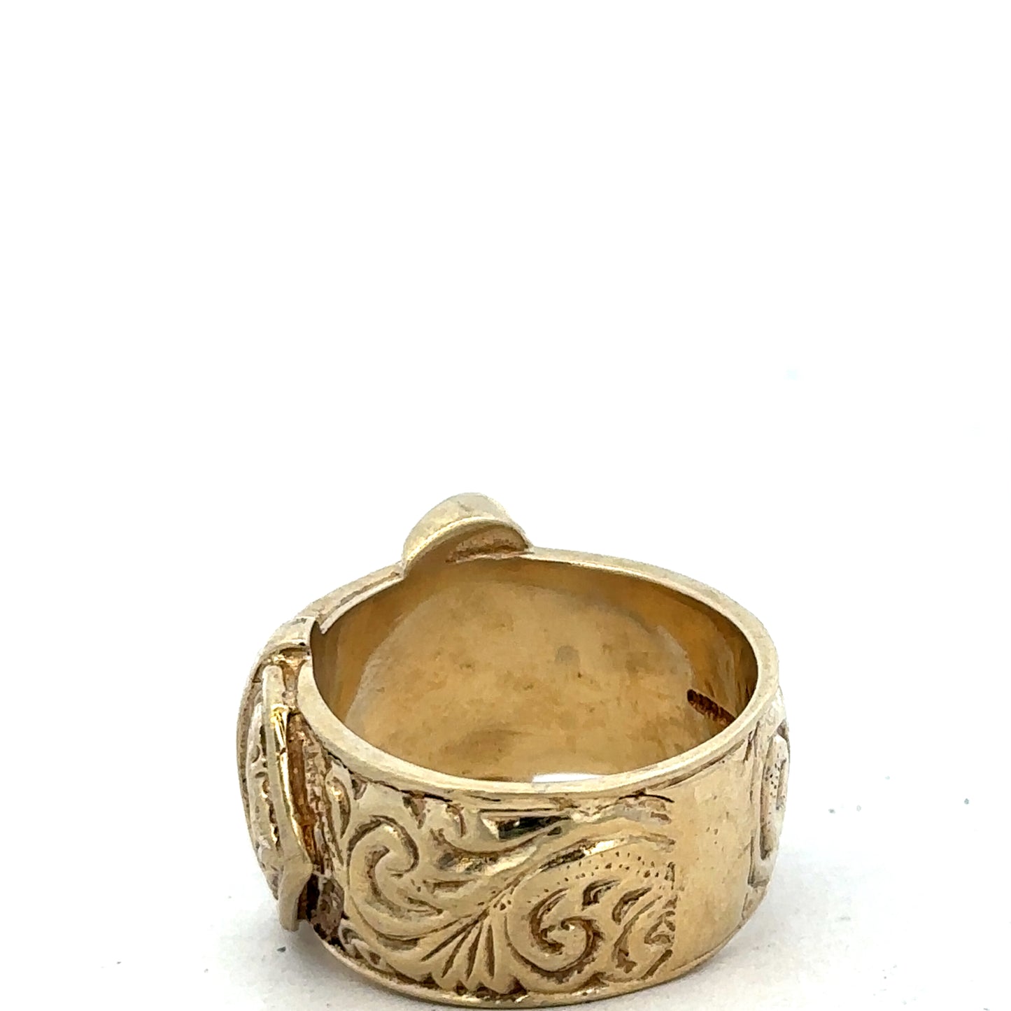 9ct yellow gold buckle ring in size X with a polished finish, crafted by Reeves and Sons.