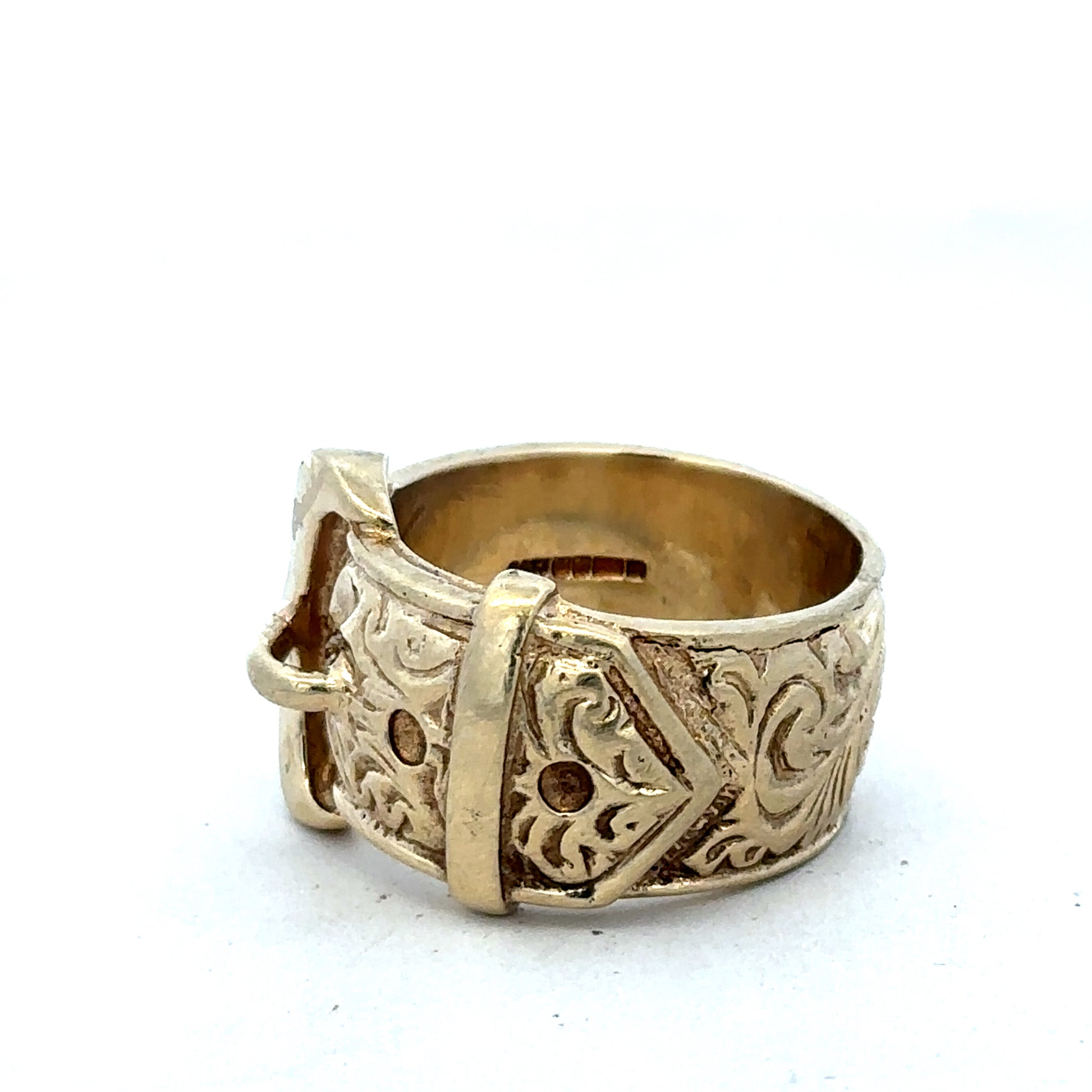 9ct yellow gold buckle ring in size X by Reeves and Sons, featuring a polished buckle design, displayed on a neutral background.