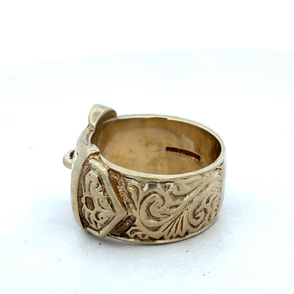 9ct yellow gold buckle ring in size X, featuring a polished finish and intricate buckle design, by Reeves and Sons.