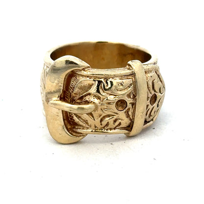9ct yellow gold buckle ring in size X by Reeves and Sons, featuring a polished buckle design and smooth band.
