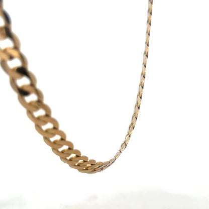 9ct yellow gold curb chain from Reeves and Sons, 47.6g, shown with close-up of links and gold finish.