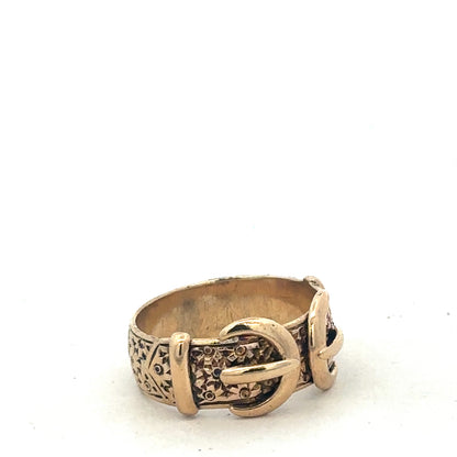 9ct yellow gold buckle ring in size S1/2 by Reeves and Sons, featuring a polished buckle design and smooth band.