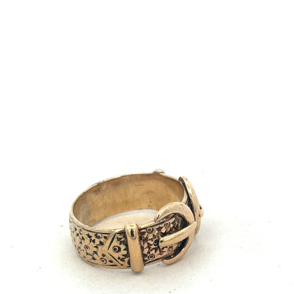 9ct yellow gold buckle ring in size S1/2 with detailed buckle design, crafted by Reeves and Sons.