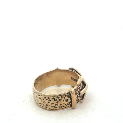 9ct yellow gold buckle ring in size S1/2 with textured design, crafted by Reeves and Sons, shown on a plain background.