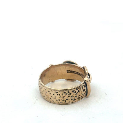 9ct yellow gold buckle ring in size S1/2 with engraved design, crafted by Reeves and Sons.