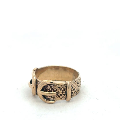 9ct yellow gold buckle ring in size S1/2, Reeves and Sons jewelry, close-up of the detailed buckle design.