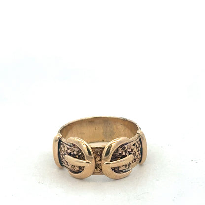 Yellow gold buckle ring in size S1/2 with Reeves and Sons branding, showcasing a polished finish and detailed buckle design.