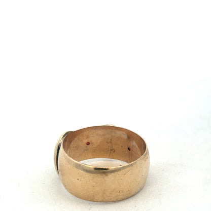 9ct yellow gold buckle ring in size Z2 with a polished finish, crafted by Reeves and Sons.