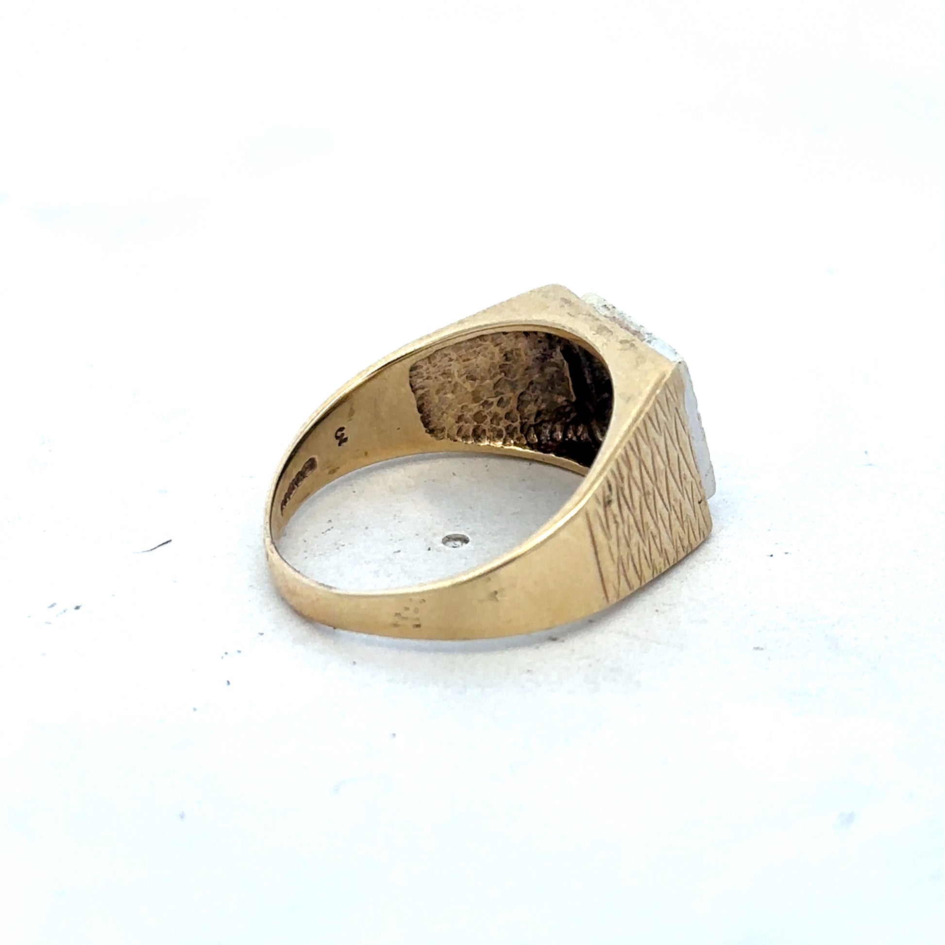 9ct yellow gold diamond signet ring in size V with engraved design, crafted by Reeves and Sons.