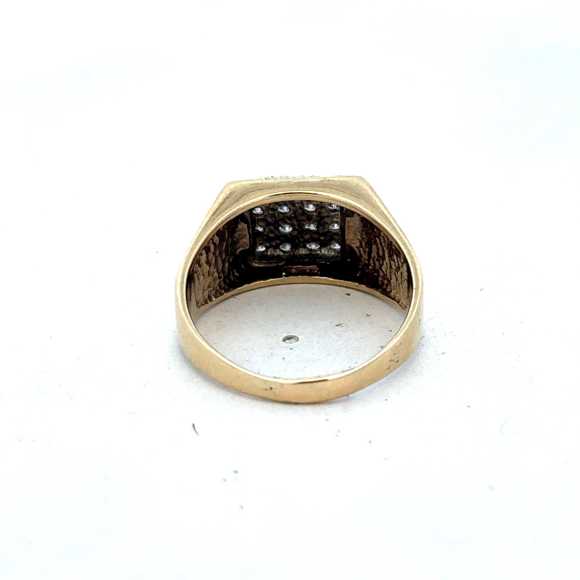 9ct yellow gold diamond signet ring in size V with engraved design, crafted by Reeves and Sons.