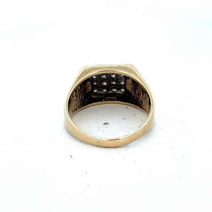 9ct yellow gold diamond signet ring in size V with engraved design, crafted by Reeves and Sons.