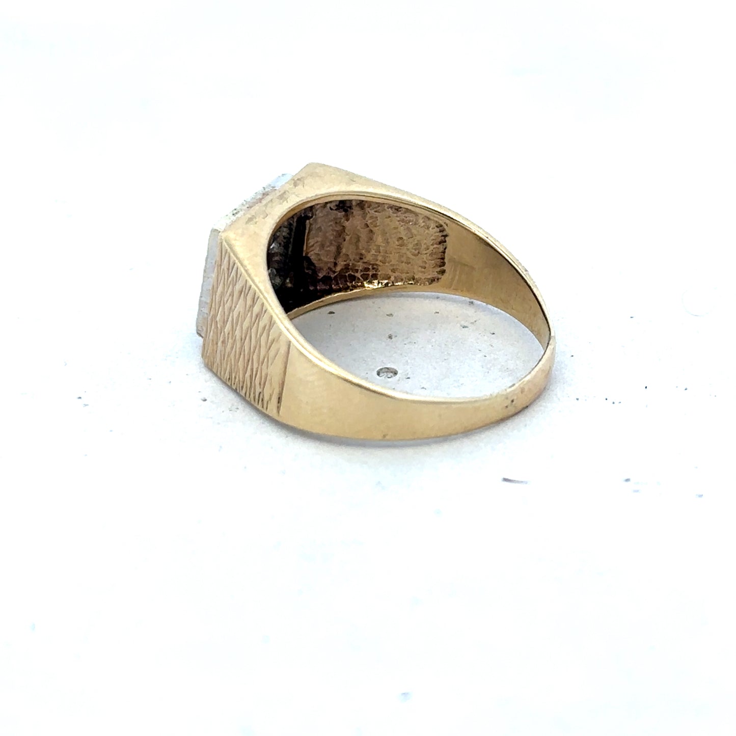 9ct yellow gold diamond signet ring in size V with engraved design, crafted by Reeves and Sons.