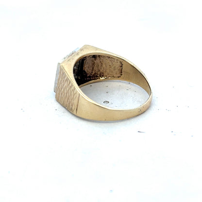 9ct yellow gold diamond signet ring in size V with engraved design, crafted by Reeves and Sons.
