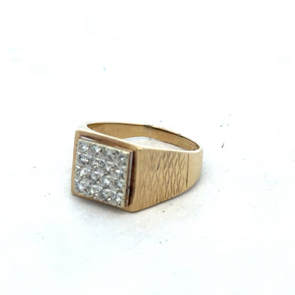 9ct yellow gold diamond signet ring in size V with engraved design, featuring a polished gold finish and a central diamond.