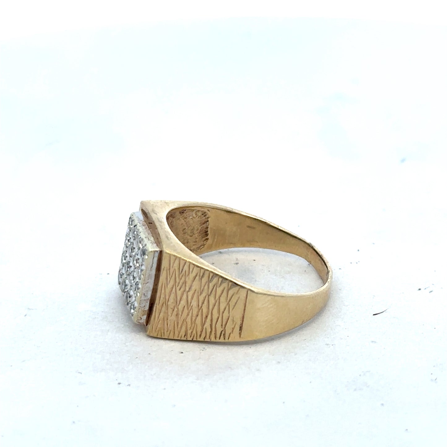 9ct yellow gold diamond signet ring in size V with engraved design, crafted by Reeves and Sons.