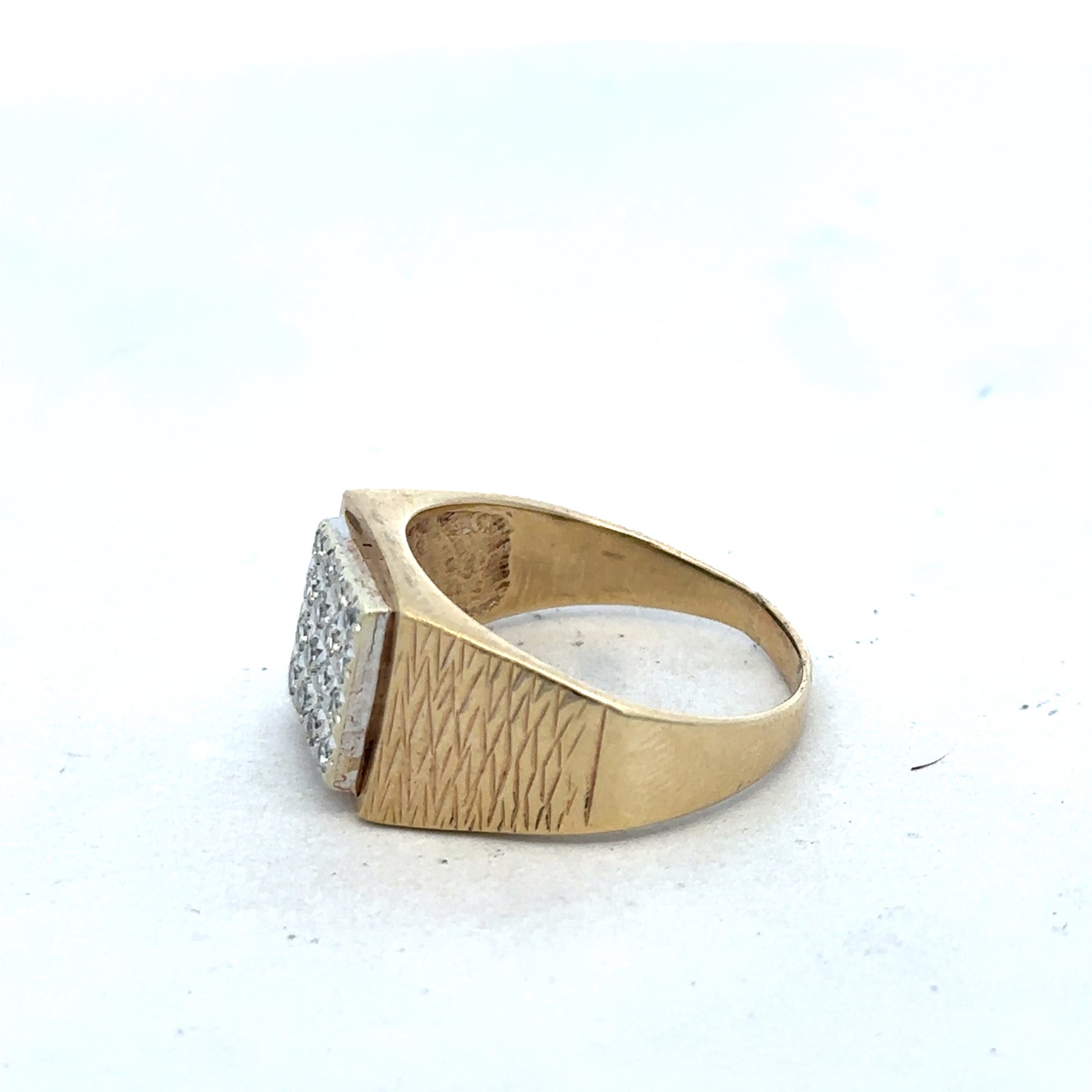 9ct yellow gold diamond signet ring in size V with engraved design, crafted by Reeves and Sons.