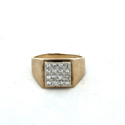 9ct yellow gold diamond signet ring in size V with engraved design, crafted by Reeves and Sons.
