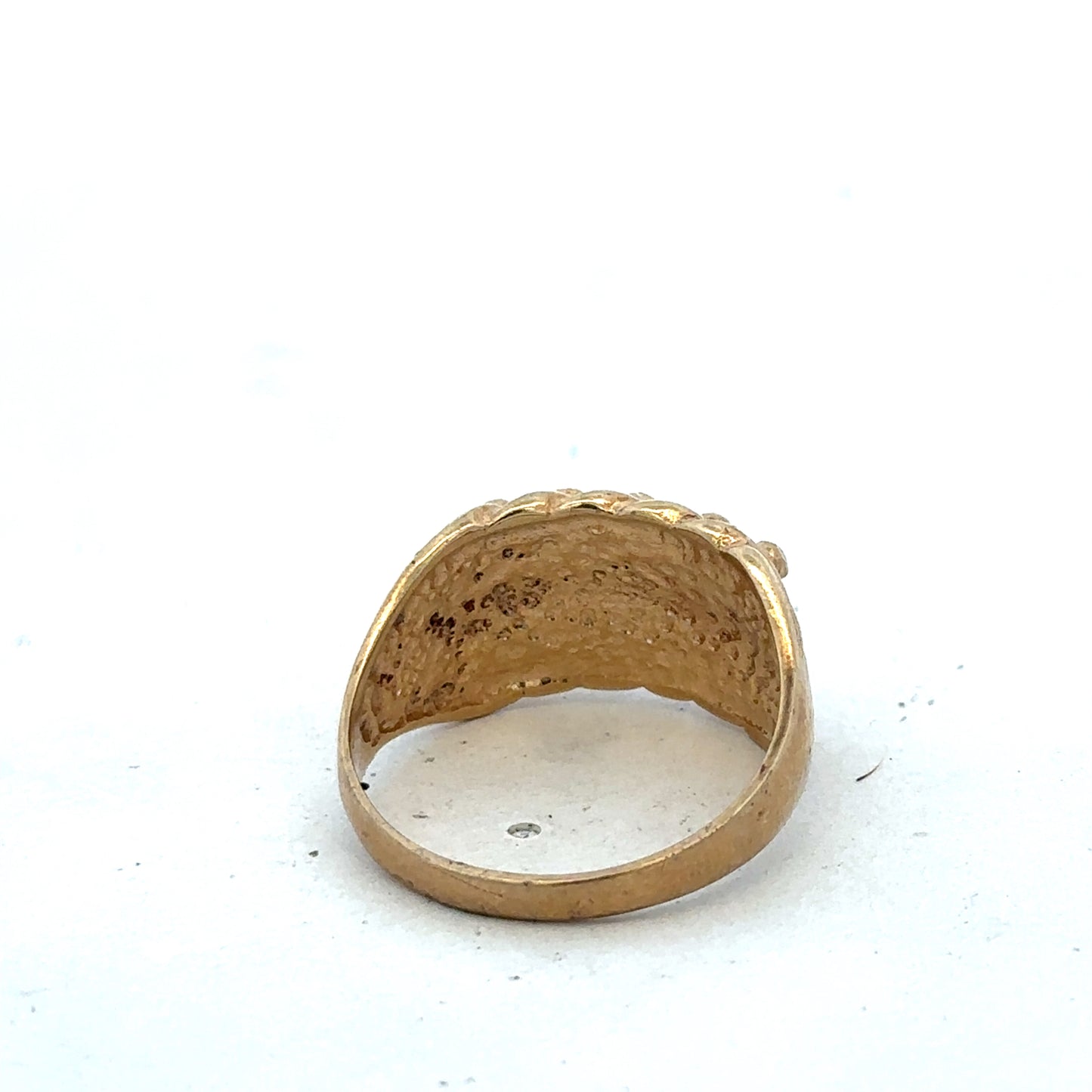 9ct yellow gold keeper ring in size U with a smooth band, crafted by Reeves and Sons.