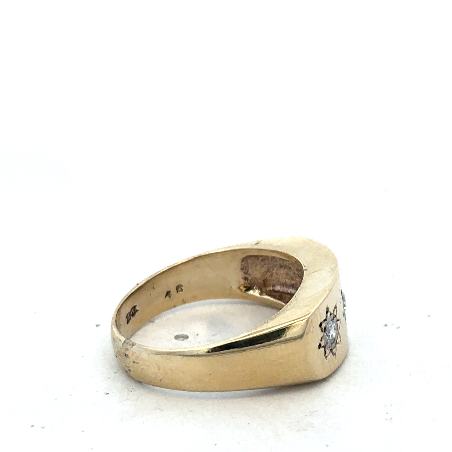 9ct yellow gold diamond ring in size T1/2 by Reeves and Sons, featuring a sparkling diamond setting on a polished band.