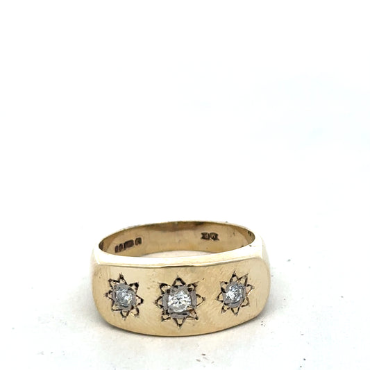 9ct yellow gold diamond ring in size T1/2 by Reeves and Sons, featuring a sleek band with sparkling diamonds.