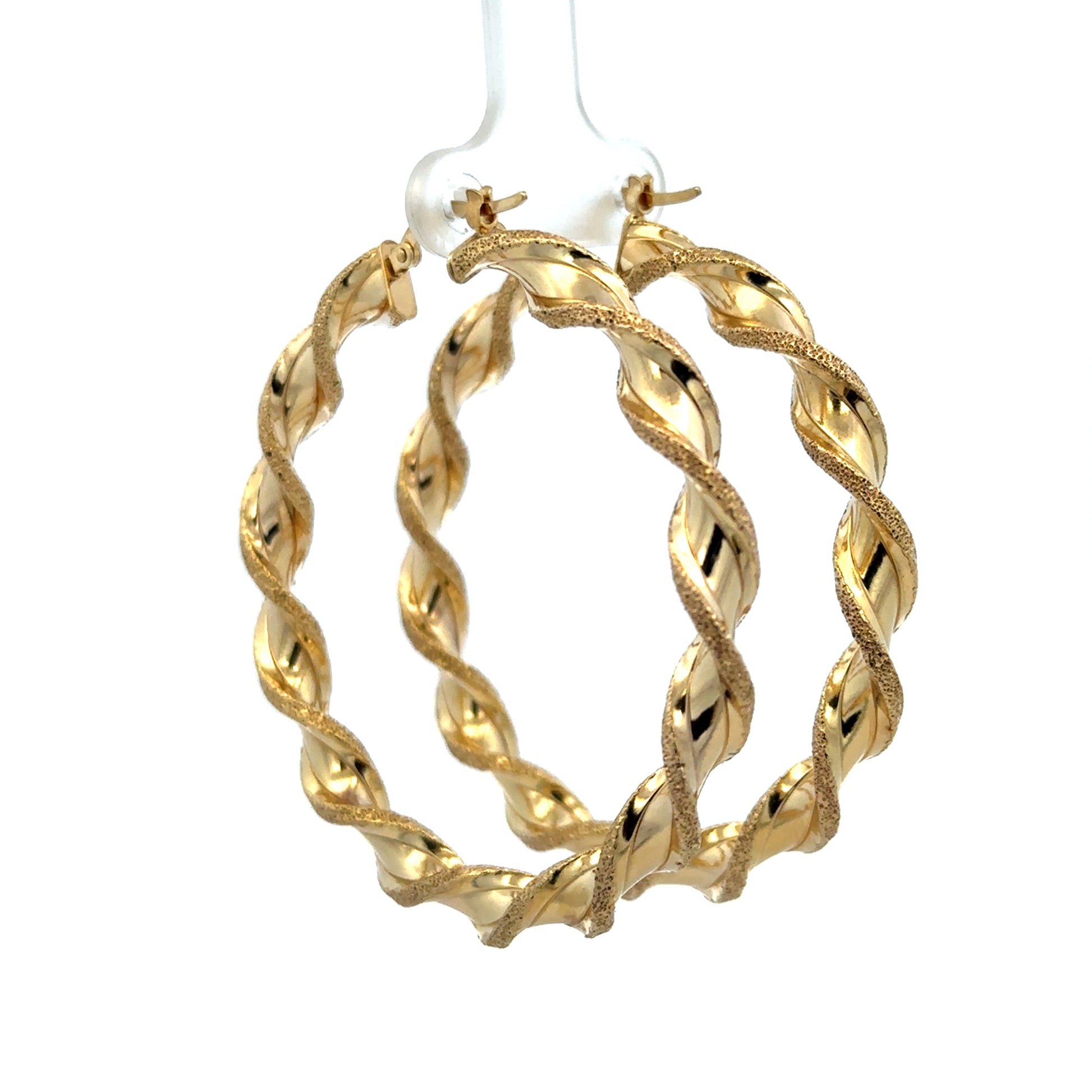9ct yellow gold hoop earrings with a polished finish, weighing 5.8g, from Reeves and Sons, shown close-up against a neutral background.