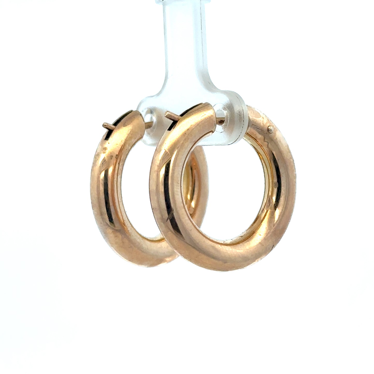 9ct yellow gold hoop earrings, Reeves and Sons, 4.5g, close-up view showing polished finish and classic hoop design.