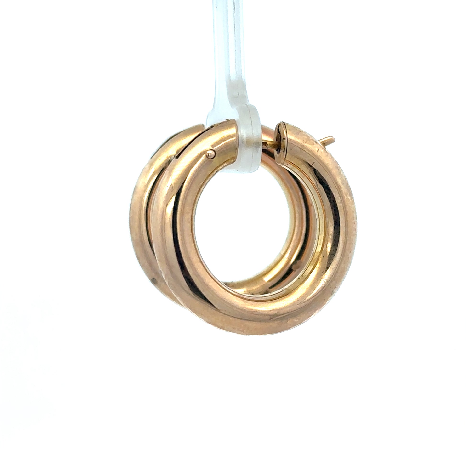 9ct yellow gold hoop earrings from Reeves and Sons, lightweight 4.5g with a classic circular design, shown close-up.