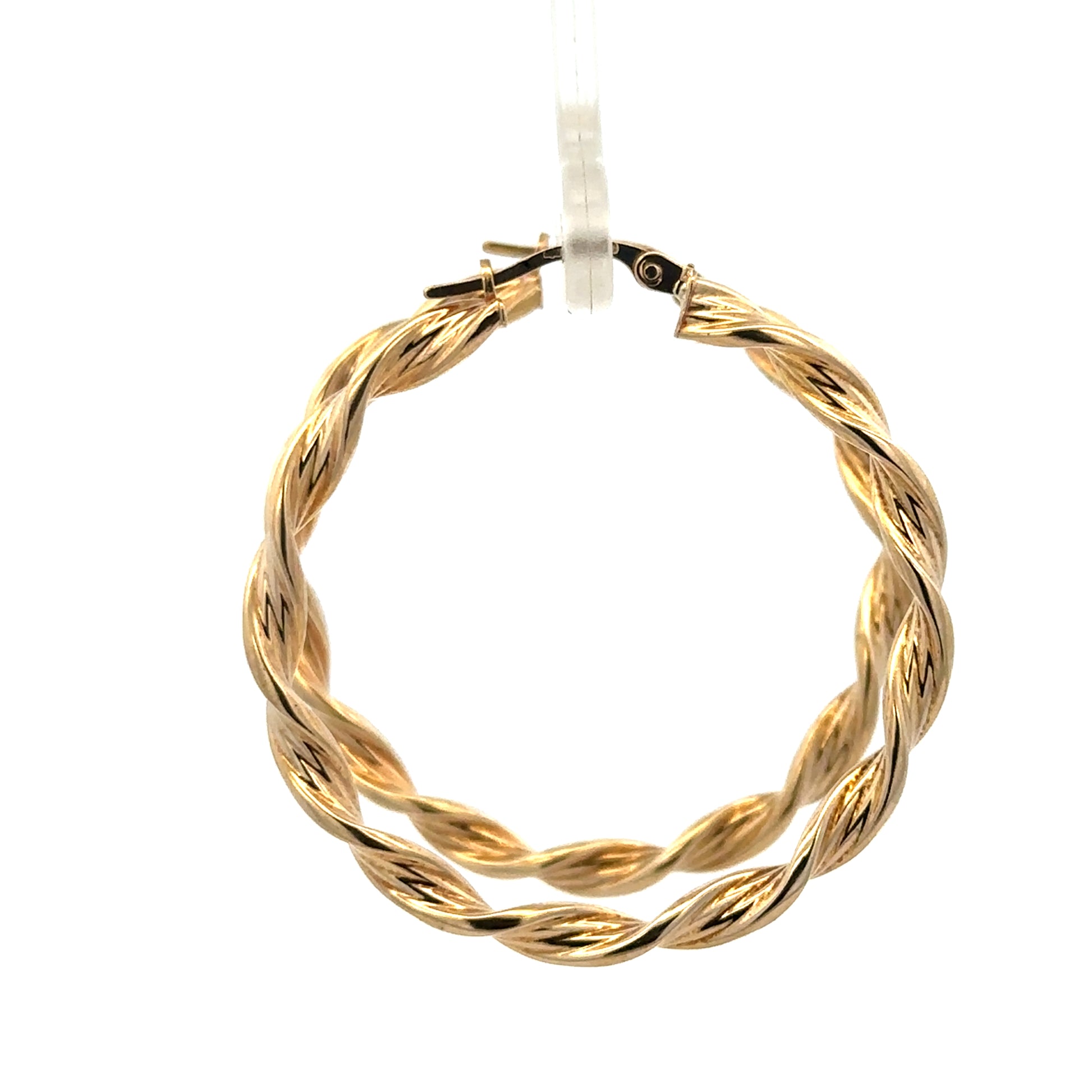 9ct yellow gold hoop earrings weighing 3g, stylish jewelry by Reeves and Sons, shown in a close-up view.