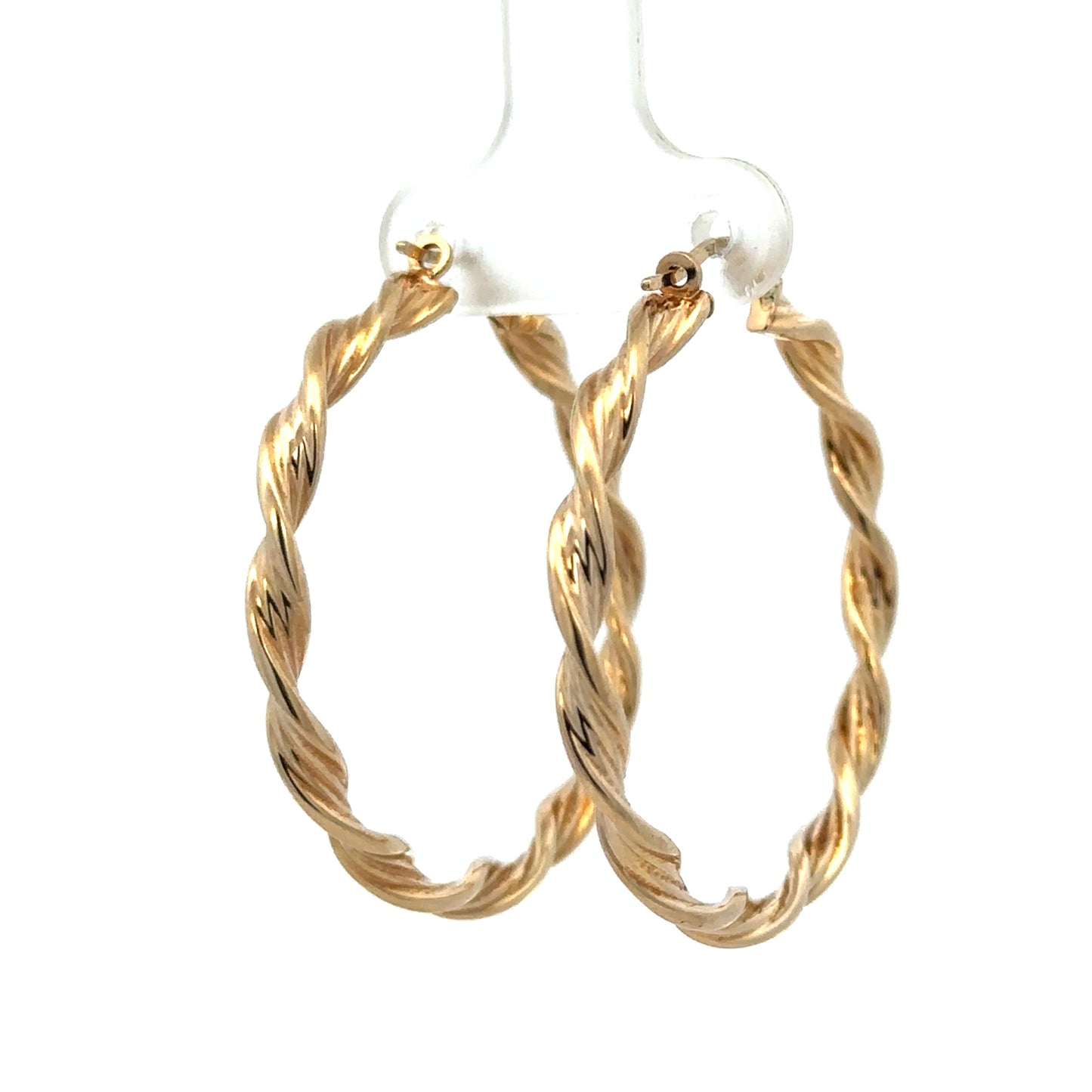 9ct yellow gold hoop earrings weighing 3g with a smooth finish, designed by Reeves and Sons, shown on a white background.