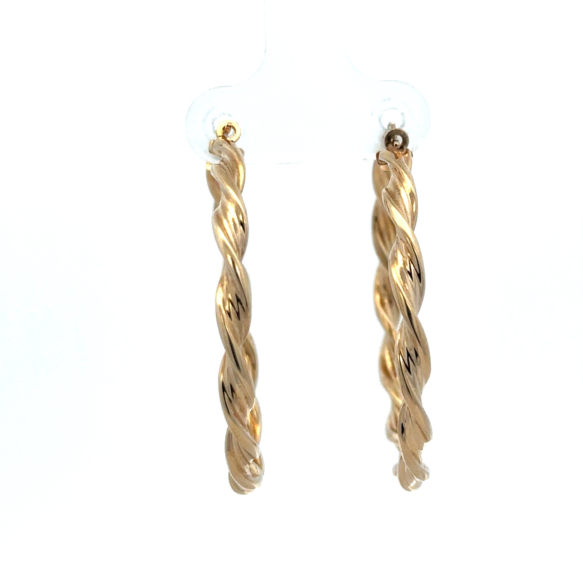 9ct yellow gold hoop earrings weighing 3g, stylish and shiny, from Reeves and Sons, shown in a close-up image.
