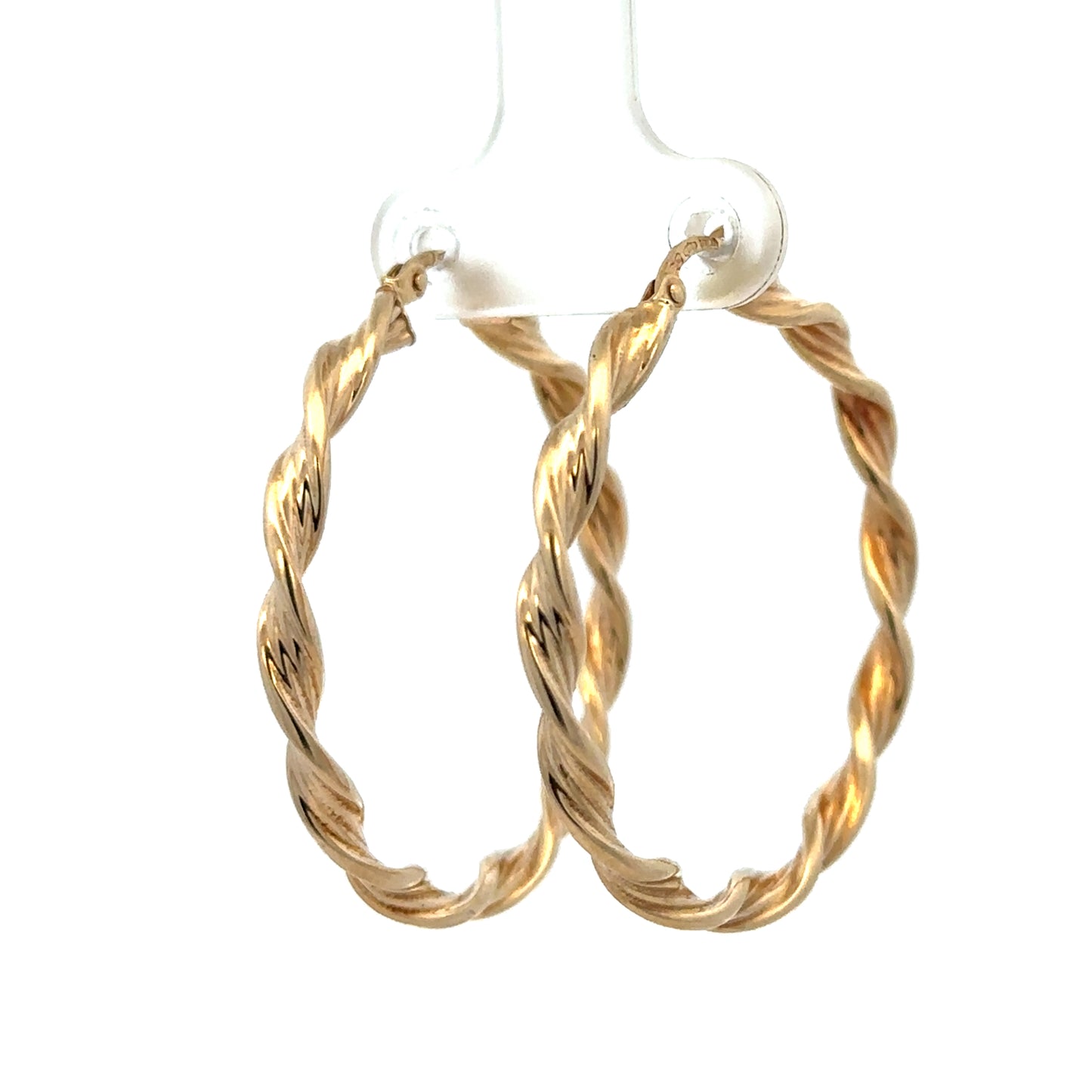 Reeves and Sons 9ct yellow gold hoop earrings, lightweight 3g, with a smooth polished finish, shown on a display.