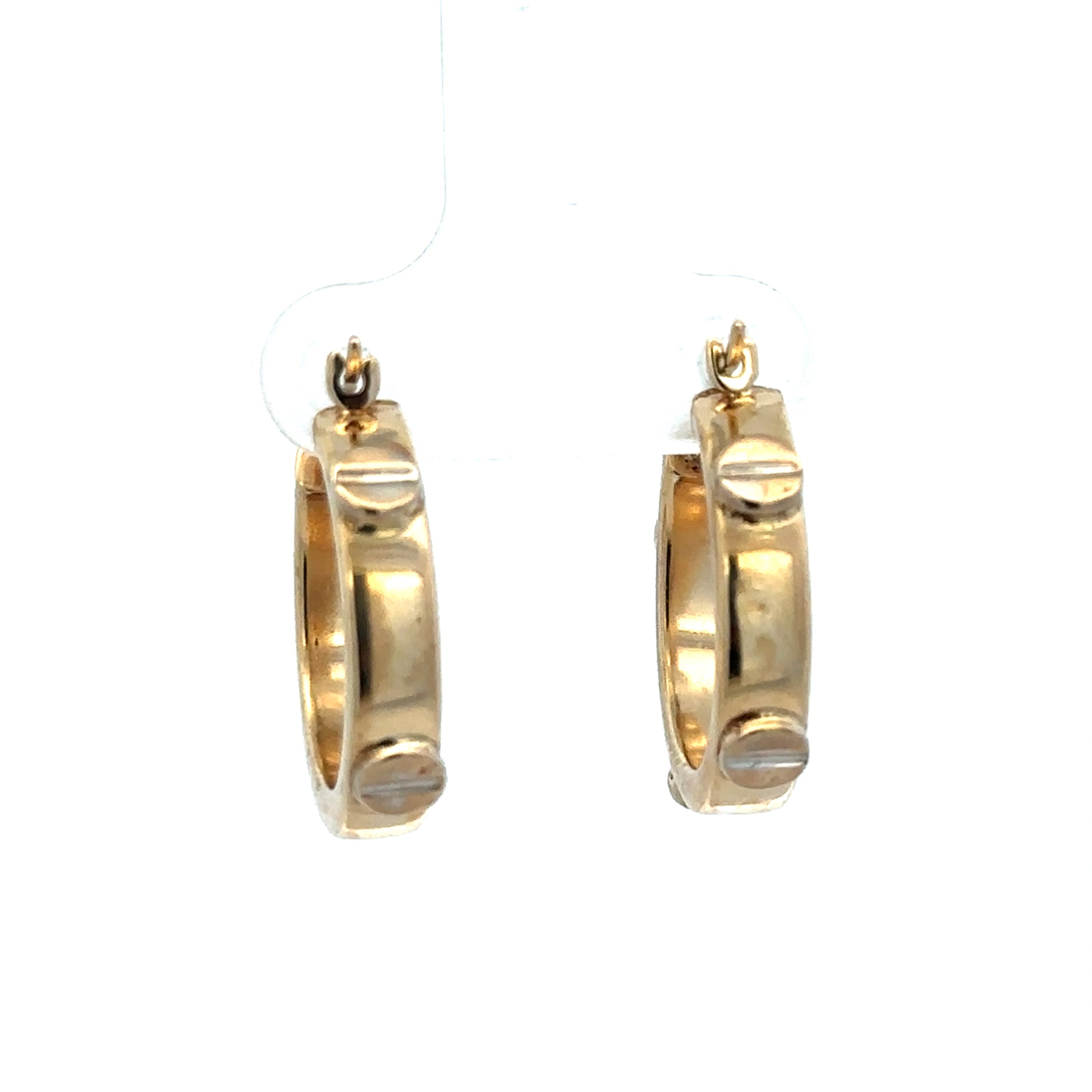 9ct yellow gold hoop earrings weighing 2.9g, stylish and polished, by Reeves and Sons, shown in a close-up image.