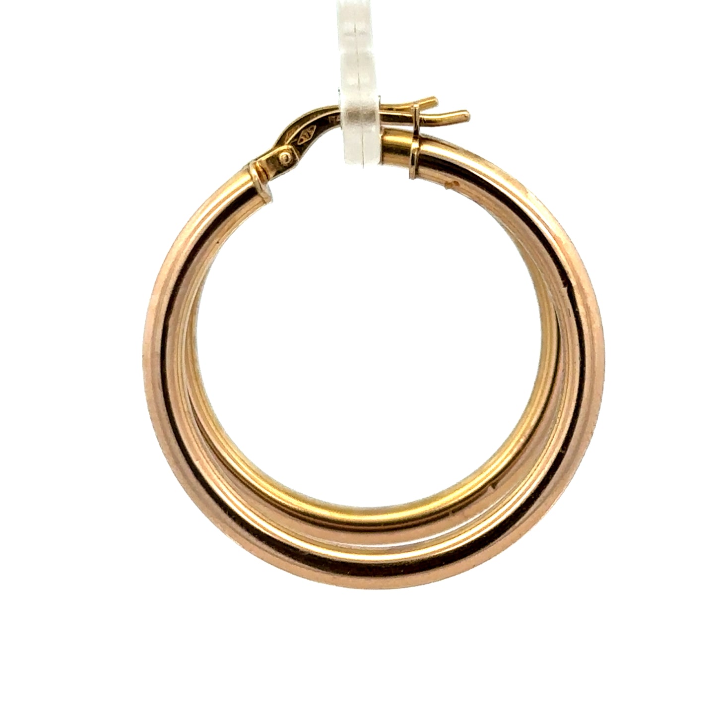 9ct yellow gold hoop earrings weighing 1.8g by Reeves and Sons, close-up of the shiny, circular jewelry on a white background.