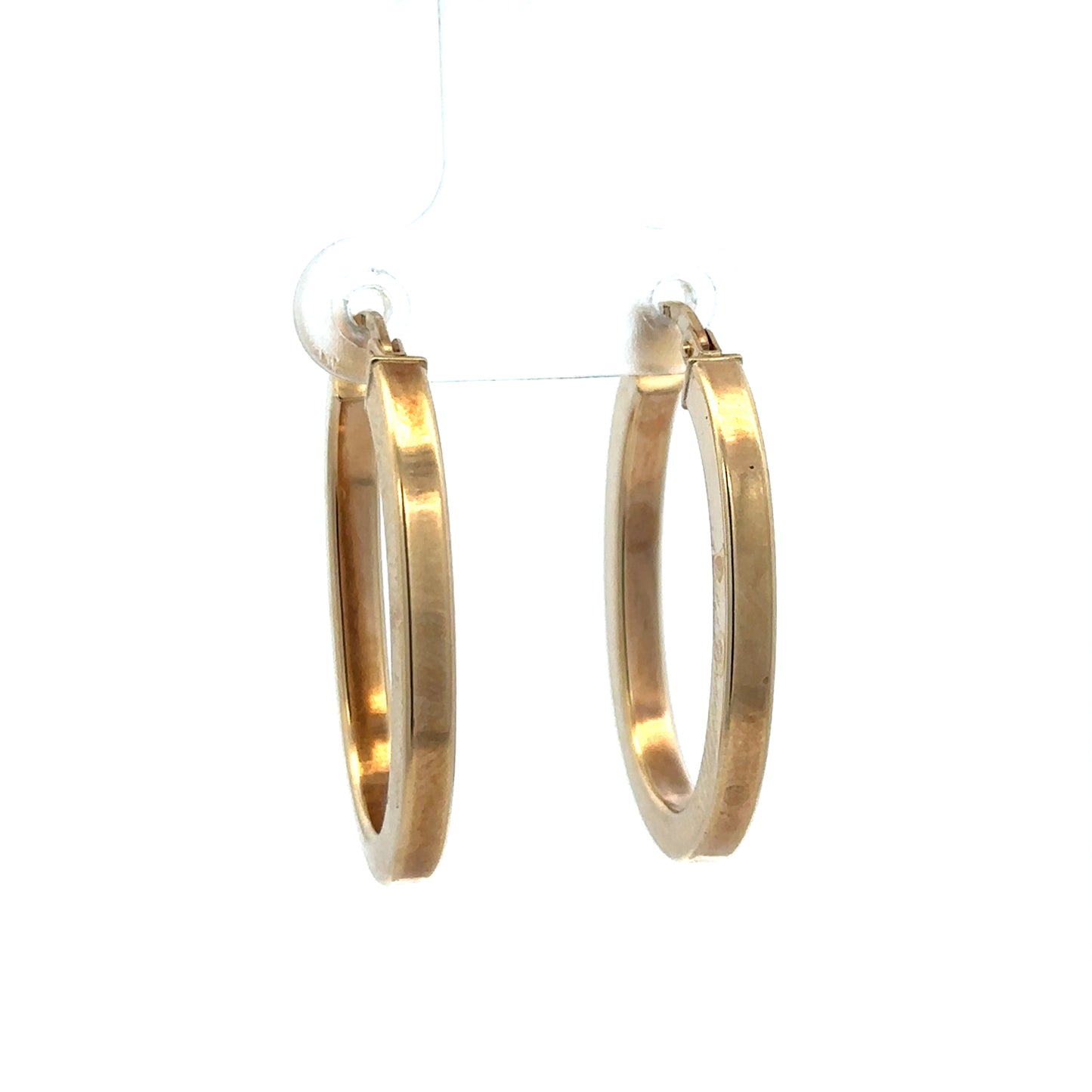 9ct yellow gold hoop earrings from Reeves and Sons, lightweight 2.1g with a classic circular design, shown close-up.