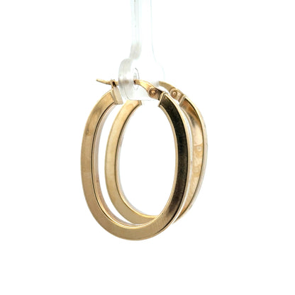 9ct yellow gold hoop earrings by Reeves and Sons, lightweight and polished, shown in close-up image.