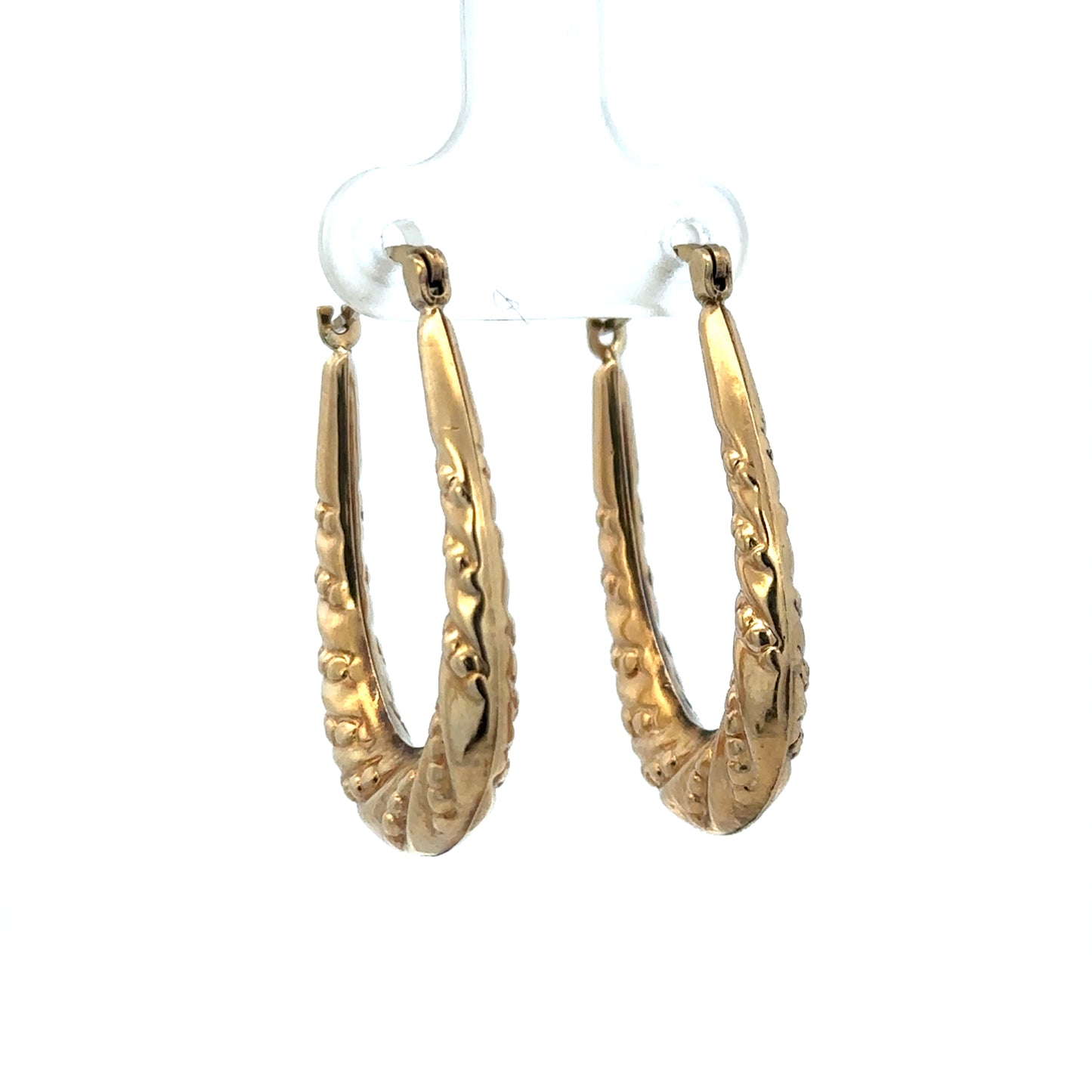 9ct yellow gold hoop earrings by Reeves and Sons, shiny and smooth with a lightweight design, shown on a plain background.