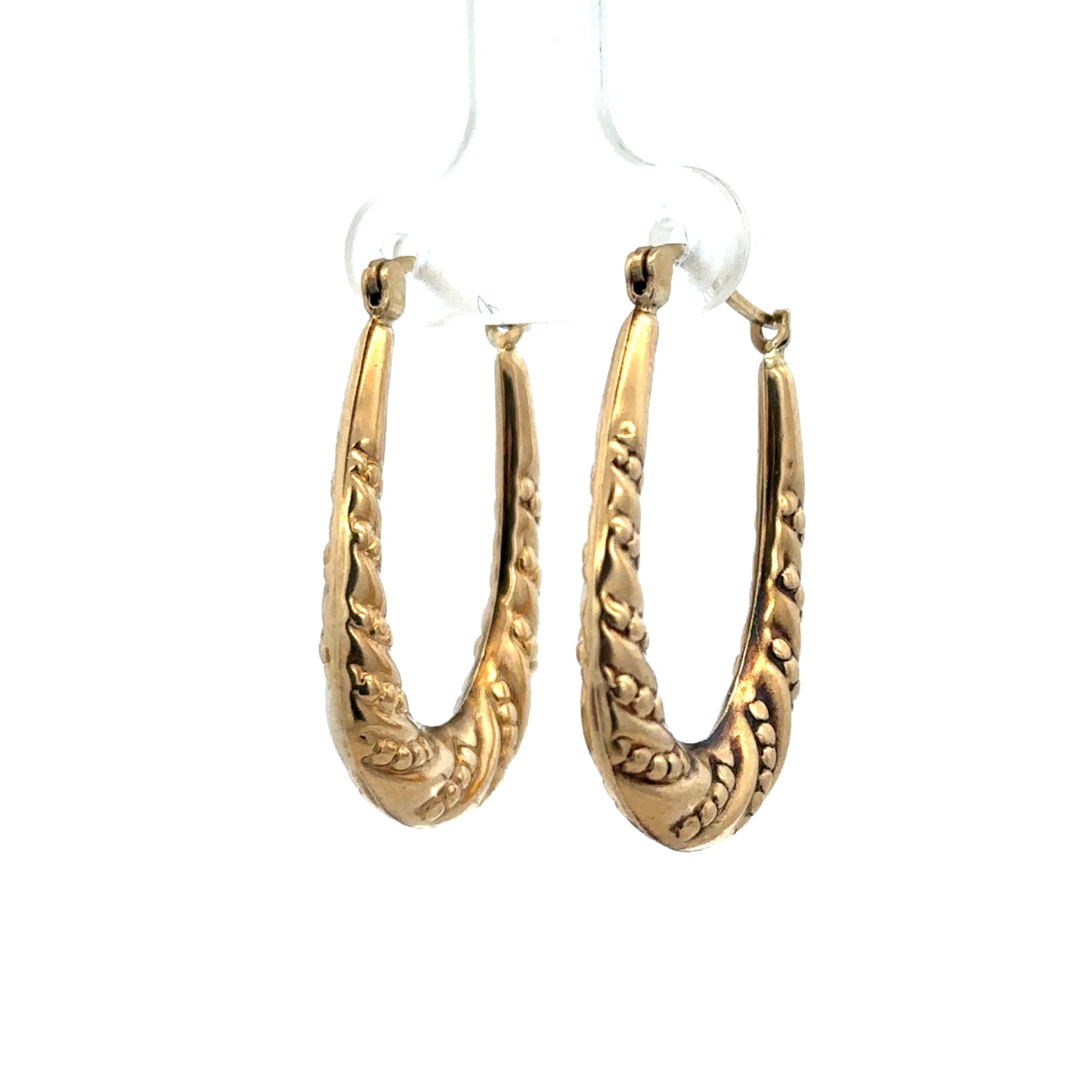 9ct yellow gold hoop earrings from Reeves and Sons, lightweight 1.7g, shown in close-up with a smooth, polished finish.