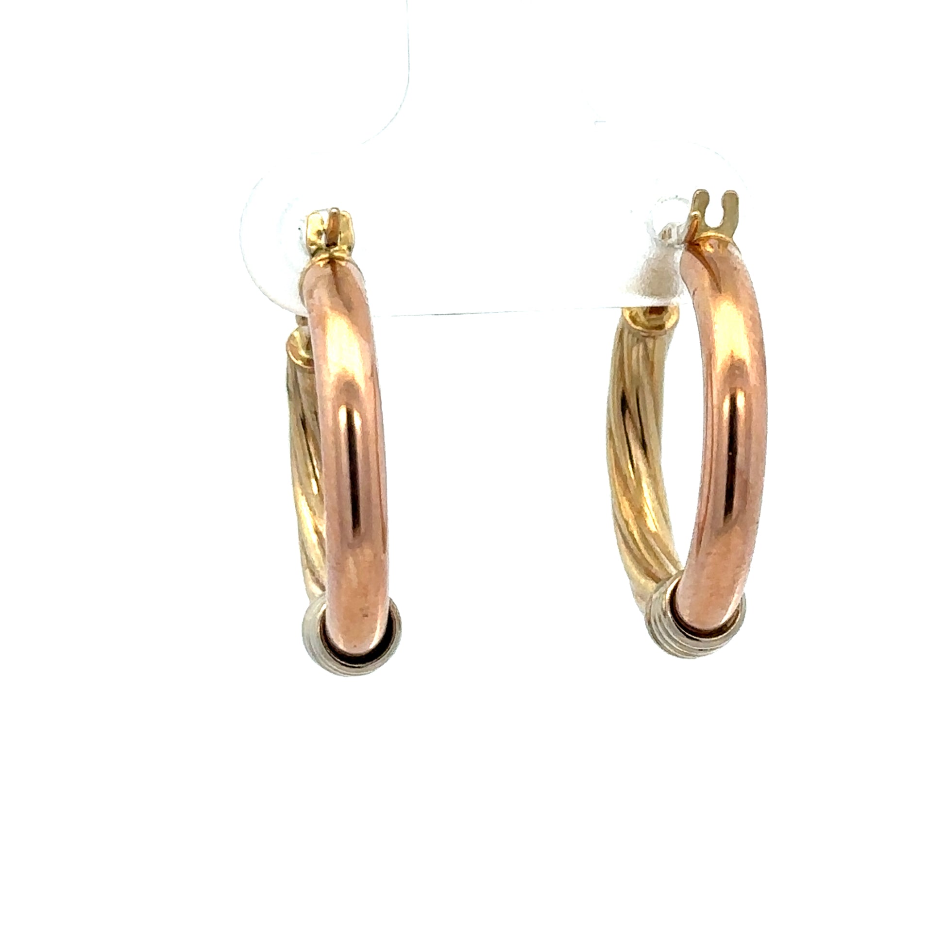 9ct gold hoop earrings weighing 2.2g by Reeves and Sons, close-up of shiny, circular jewelry on a white background.